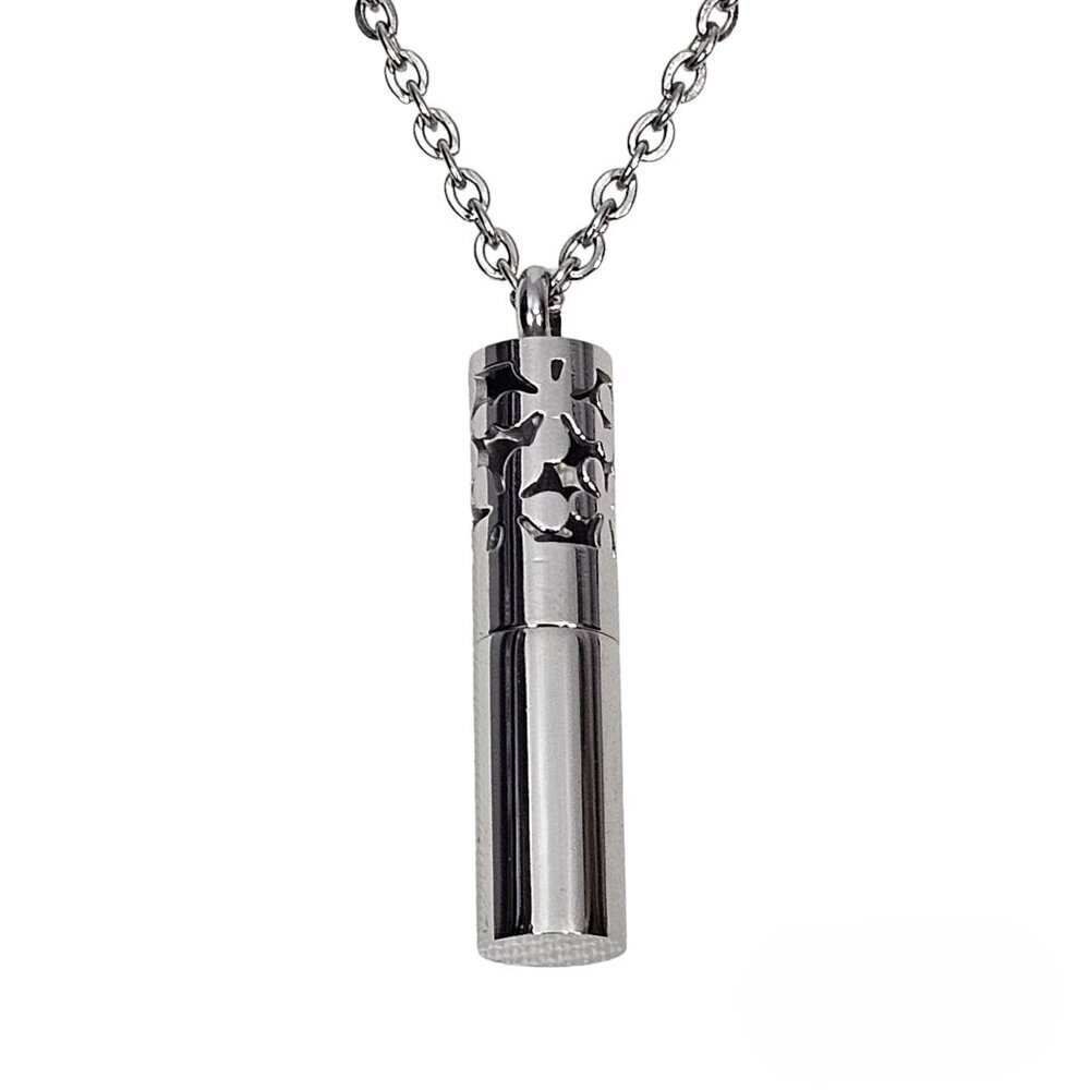 Silver Tone Stainless Steel Cylinder Floral Swirl Essential Oil Pendant Necklace